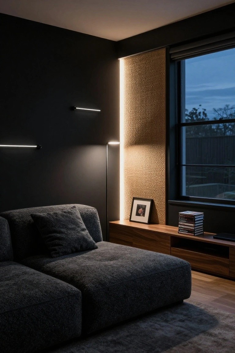 Modern living room corner with dark gray modular sofa, wooden media console holding stacked DVDs, slim horizontal linear LED wall lights, tall floor lamp, backlit textured wall panel, and large window showing dusk outside.