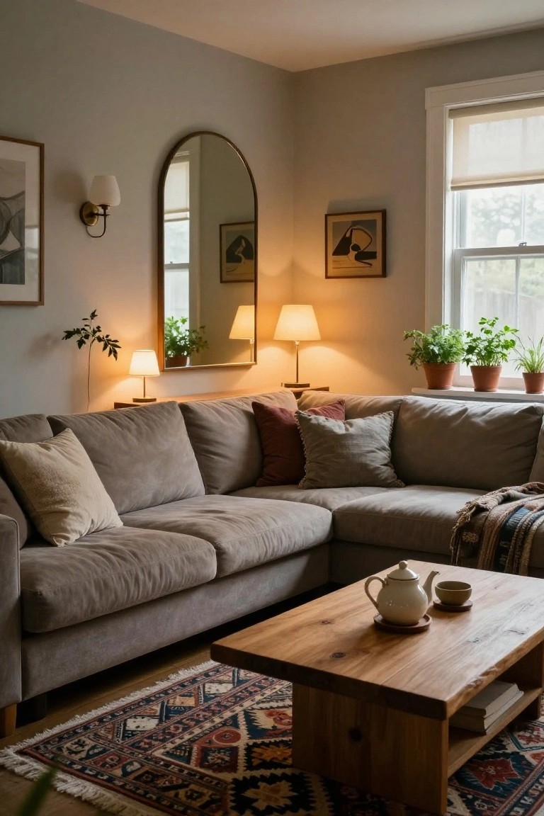 Warmly lit cozy living room corner with gray L-shaped velvet sofa, live-edge wooden coffee table holding white teapot and cup, arched brass mirror, multiple small lamps, potted plants on windowsill, and patterned rug on wood floor.