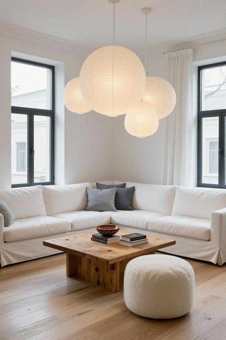 Corner of a living room with white L-shaped sofa, low wooden coffee table holding books and a bowl, white pouf stool, and several large white paper lantern pendants hanging from the ceiling near black-framed windows and white curtains.