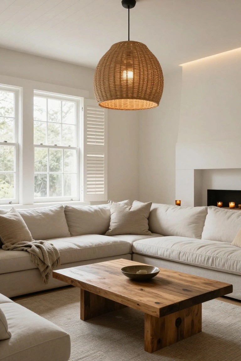 Cozy living room with L-shaped beige sofa, wooden coffee table, and woven pendant light.