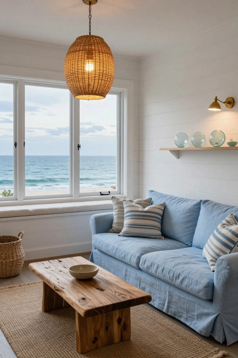 Cozy living room with white shiplap walls, light blue linen sofa on window seat overlooking ocean and beach, rattan pendant light, wooden coffee table with bowl, seagrass rug, wicker basket, glass orbs on shelf, and brass wall sconce.