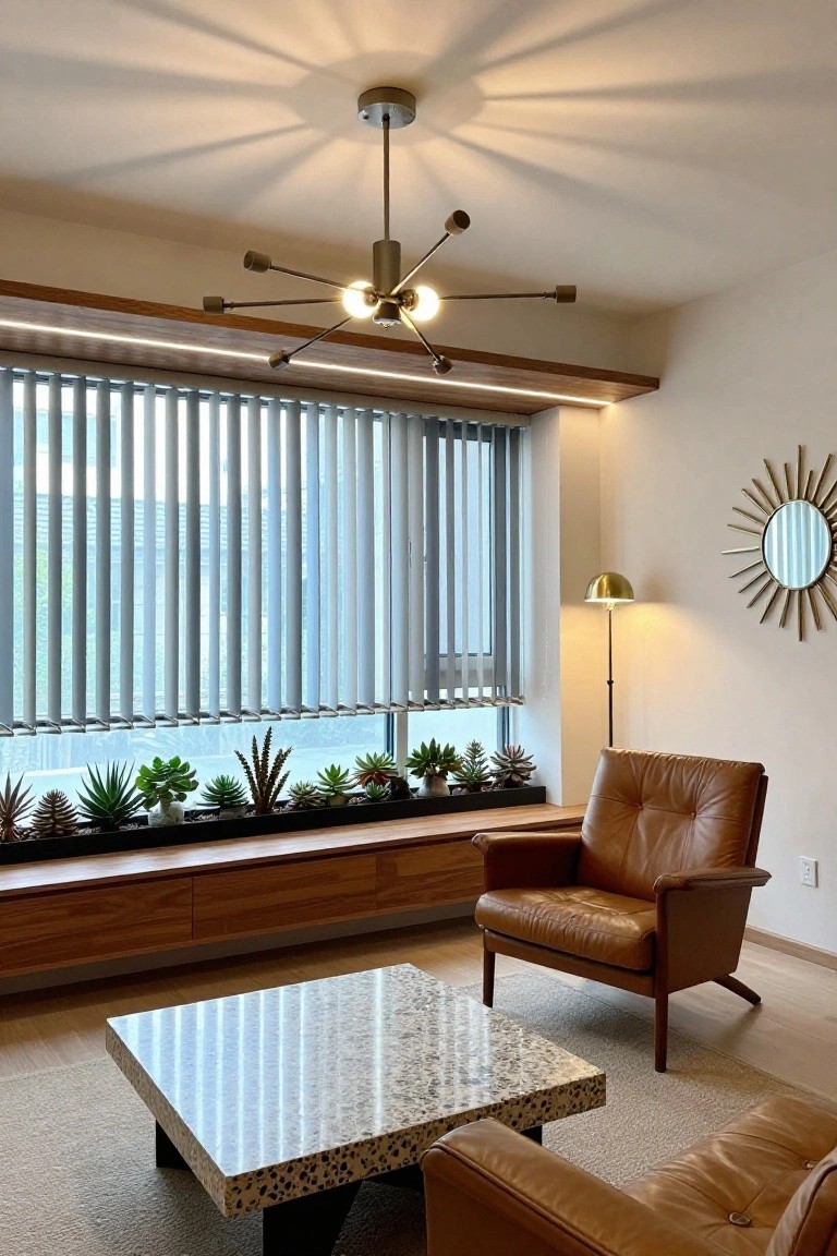 Modern living room with brass starburst chandelier above two tan leather armchairs and low terrazzo coffee table on rug, potted succulents along wooden window sill with vertical blinds and plants.