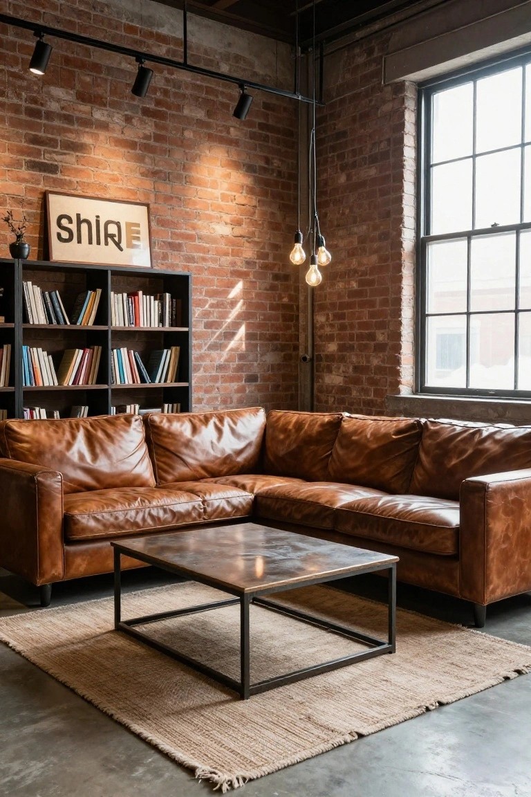 Industrial living room with exposed brick walls, black metal bookshelves with books, brown leather L-shaped sofa, low metal coffee table on seagrass rug, track spotlights on ceiling track, three-bulb pendant light, and large multipane windows.