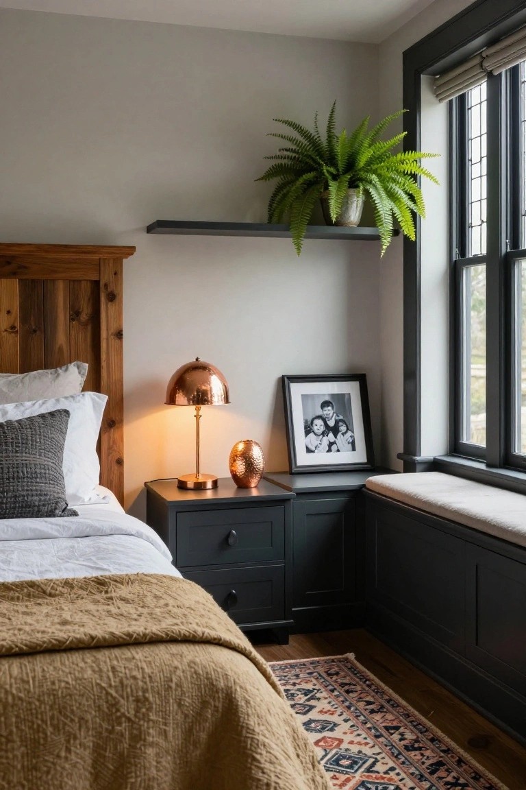 Bedroom corner with wooden headboard bed, dark nightstand holding copper lamp and vase, built-in dark cabinetry under black-framed leaded window with cushioned seat, floating shelf with potted fern above, neutral walls, tan throw on bed, and patterned rug on wood floor.