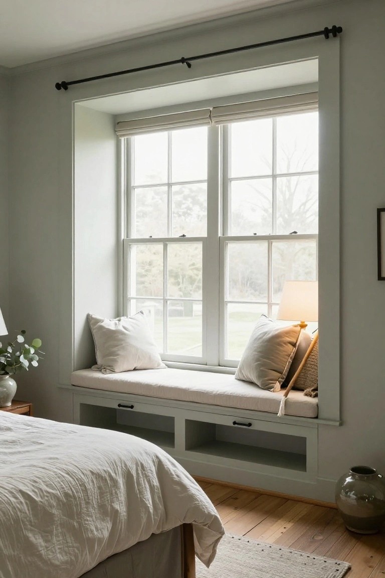 Bedroom with a built-in window bench seat featuring beige cushions and storage drawers below, beside a bed with white linens, large double windows with blinds, light gray walls, wood floors, and potted plants.