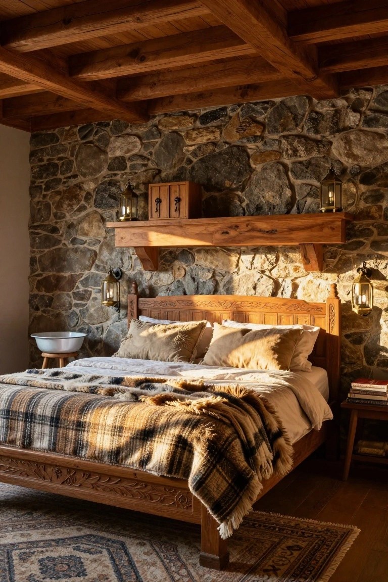 Cozy bedroom interior with irregular gray stone walls, wooden ceiling beams, carved wooden bed frame draped in plaid blanket and pillows, wall lanterns, wooden shelf, and side table.