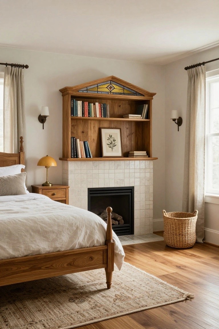 Wooden built-in bookshelves with stained glass pediment in a bedroom corner above a white-tiled fireplace, next to a wooden bed and nightstand.