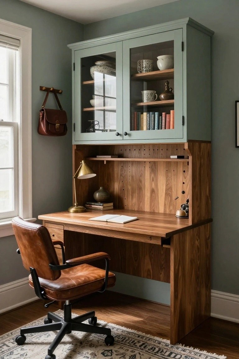 Corner workspace in a sage green room with tall walnut wood desk hutch featuring glass-door cabinets, open shelving, pegboard panels, brown leather desk chair, brass lamp, books, and ceramic decor.