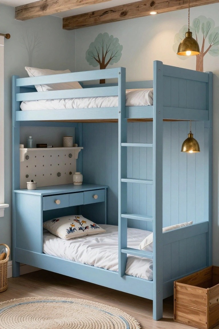 Blue painted wooden bunk bed with upper and lower bunks, integrated desk with drawers, shelves, and ladder in a light blue child's bedroom with wall tree decals and exposed beams.