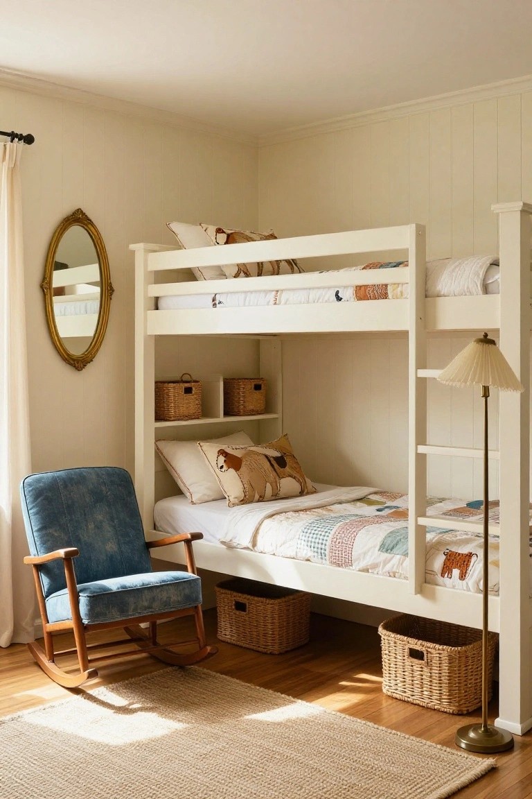 White wooden bunk bed with built-in open shelves holding wicker baskets, lower bunk with colorful quilted bedding featuring animal prints, blue rocking chair nearby, in a bedroom with beige paneled walls and hardwood floors.