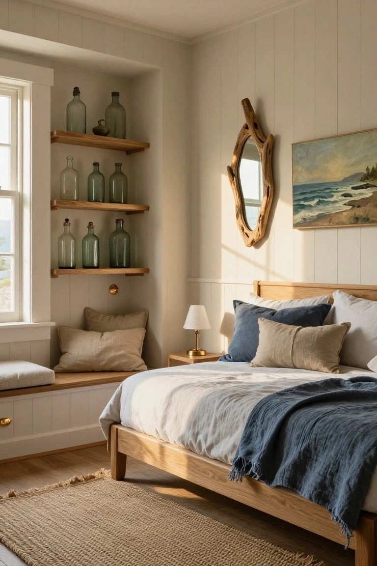 Sunlit bedroom corner with white shiplap walls, wooden shelves displaying green glass bottles above a cushioned window bench with pillows, driftwood mirror, seascape painting, brass lamp, and oak bed with neutral linens and blue throw.