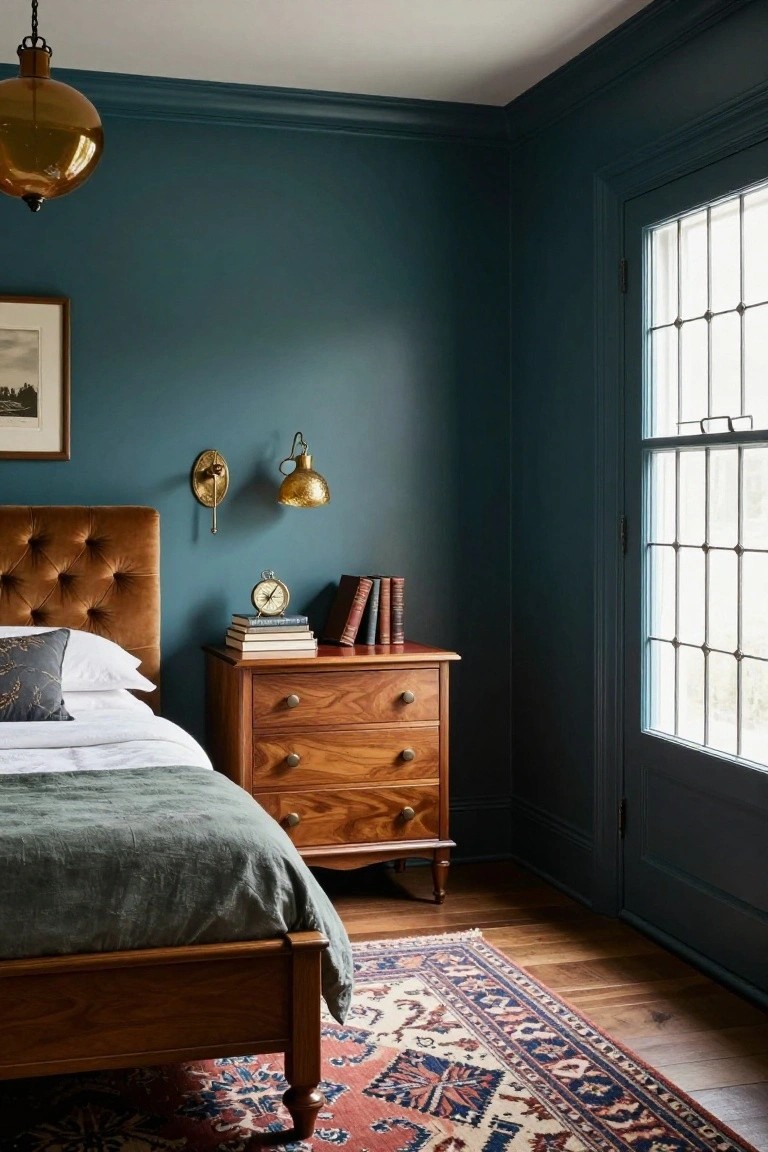 Corner view of a Craftsman-style bedroom with deep teal walls, wooden bed with tufted brown leather headboard, matching wooden dresser topped with stacked books and a brass clock, brass sconce light, gold pendant lamp overhead, large multi-pane window, and patterned rug on hardwood floor.