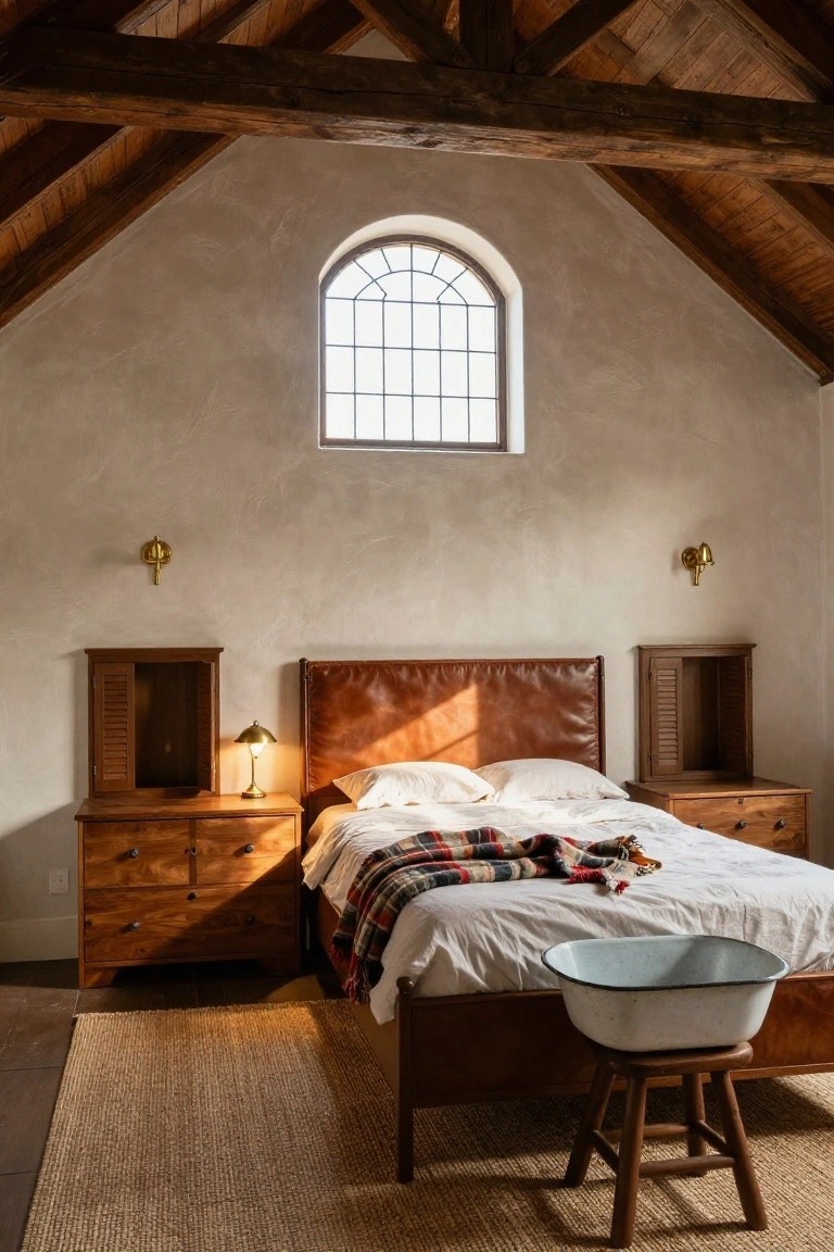 Bedroom with vaulted ceiling of exposed dark wooden beams, beige plaster walls, arched window, leather headboard bed draped in plaid blanket, wooden nightstands, and seagrass rug.