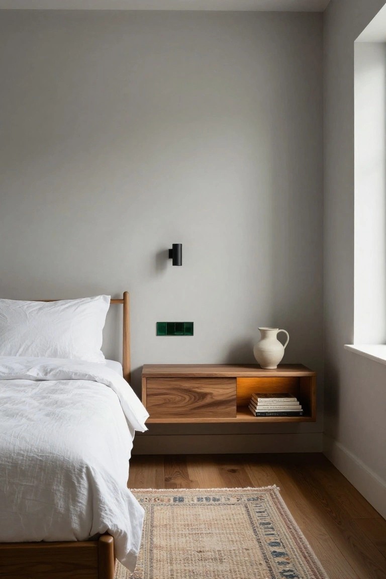 Bedroom corner featuring a low wood bed frame with white linens, floating wooden shelf with stacked books above an LED strip light, terracotta vase on a wood block nearby, black wall sconce, green tiled electrical outlet, gray walls, hardwood floor, woven rug, and large window.