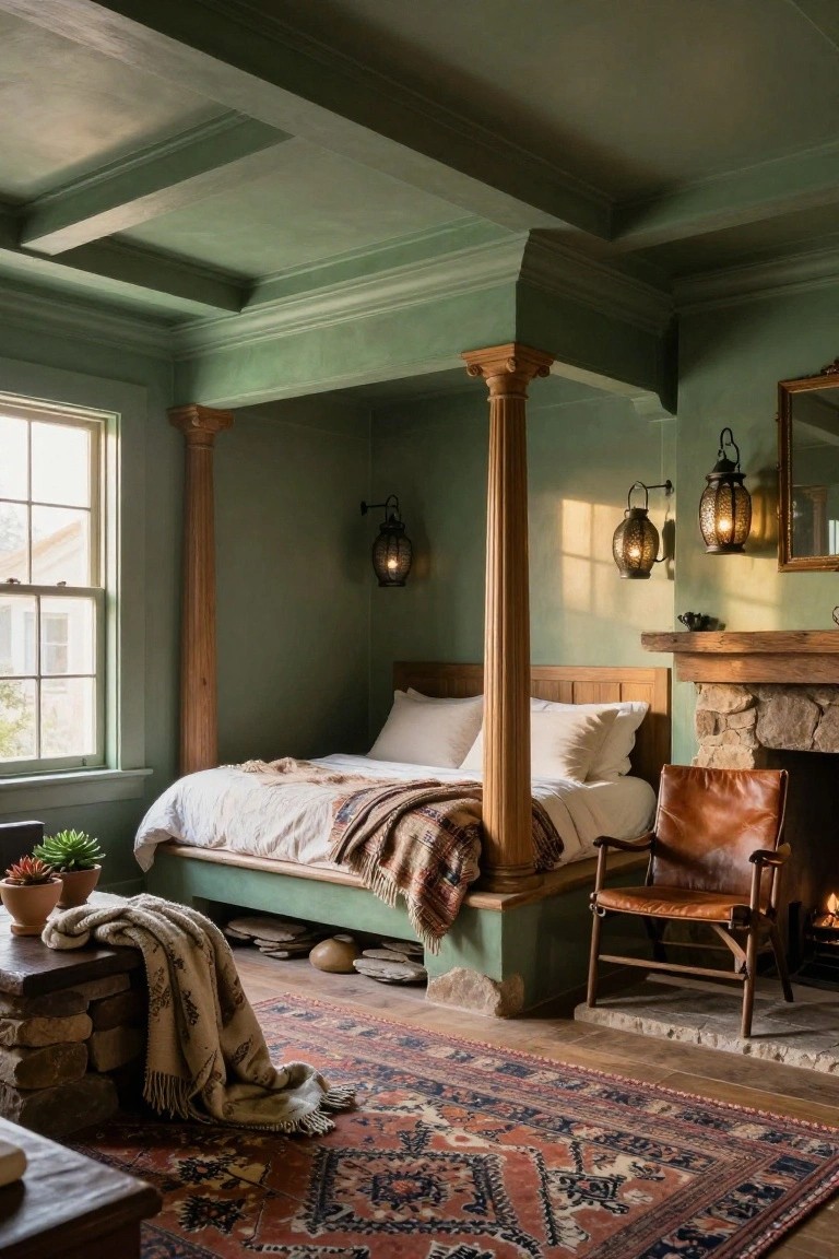 Bedroom with a low wooden bed framed by tall fluted columns under a green beamed ceiling, stone fireplace with leather chair nearby, potted plants, and patterned rug on wood floor.