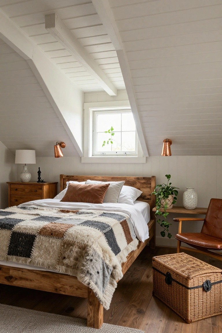 Attic bedroom with sloped white paneled ceilings, rustic wooden bed frame topped with white sheets and multicolored chunky knit blanket, wooden dresser beside lamp, potted trailing plant on shelf, tan leather chair, wicker trunk, and copper wall sconces.