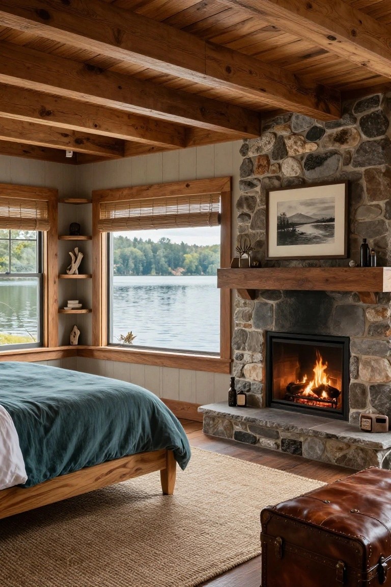 Craftsman bedroom with exposed wooden beam ceiling, large corner windows overlooking a lake, lit stone fireplace, teal bed, and leather trunk on wood floor.