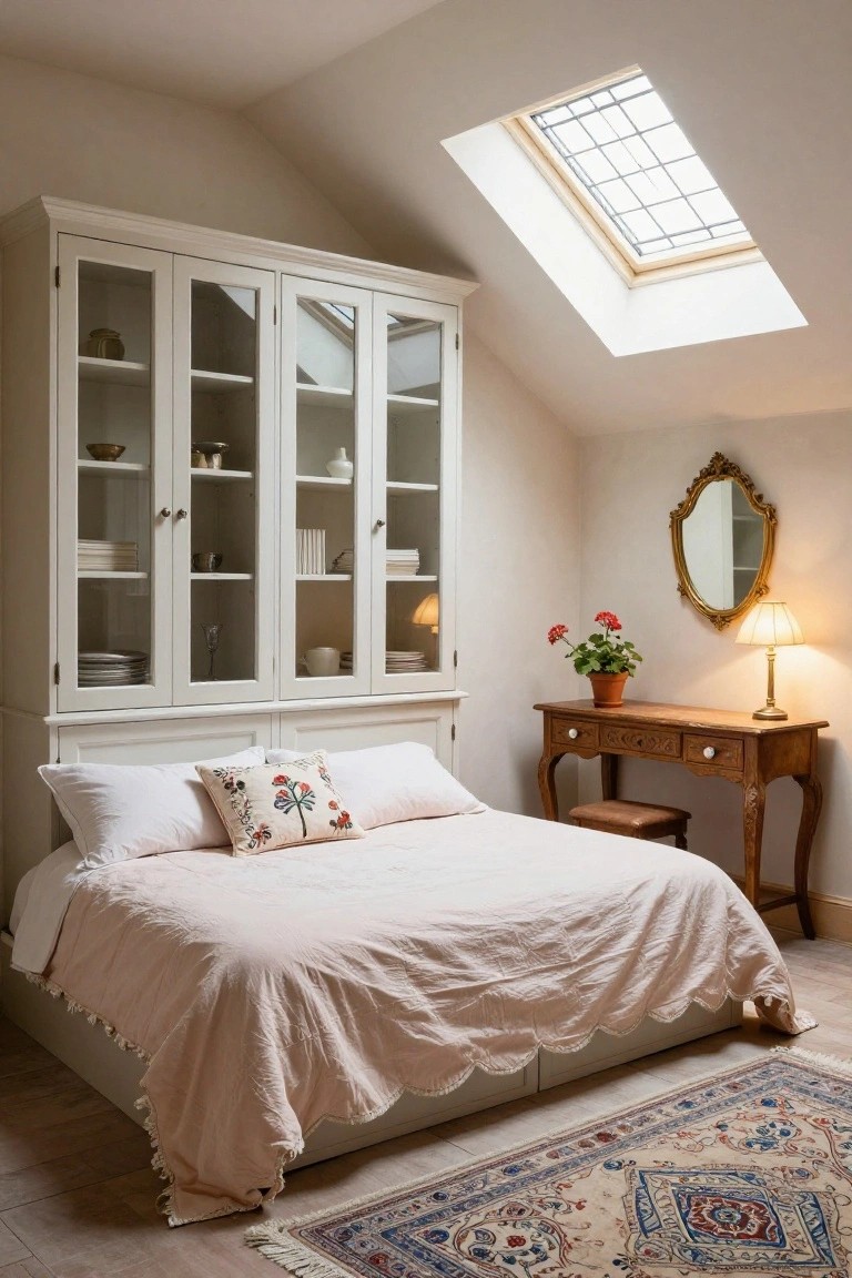 Attic bedroom with tall white wooden armoire featuring glass doors next to a low bed with pink bedding and pillows, wooden desk with geranium plant and lamp, ornate mirror on wall, and Persian rug on floor under skylight.