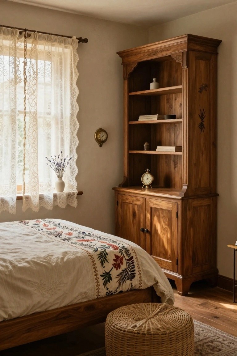 A bedroom corner with a tall carved wooden bookcase filled with books, decor items, and a clock on shelves above cabinets, positioned beside a low wooden bed covered in white sheets and a colorful embroidered quilt, near a window with lace curtains and a vase of lavender on the sill, plus a woven pouf nearby.