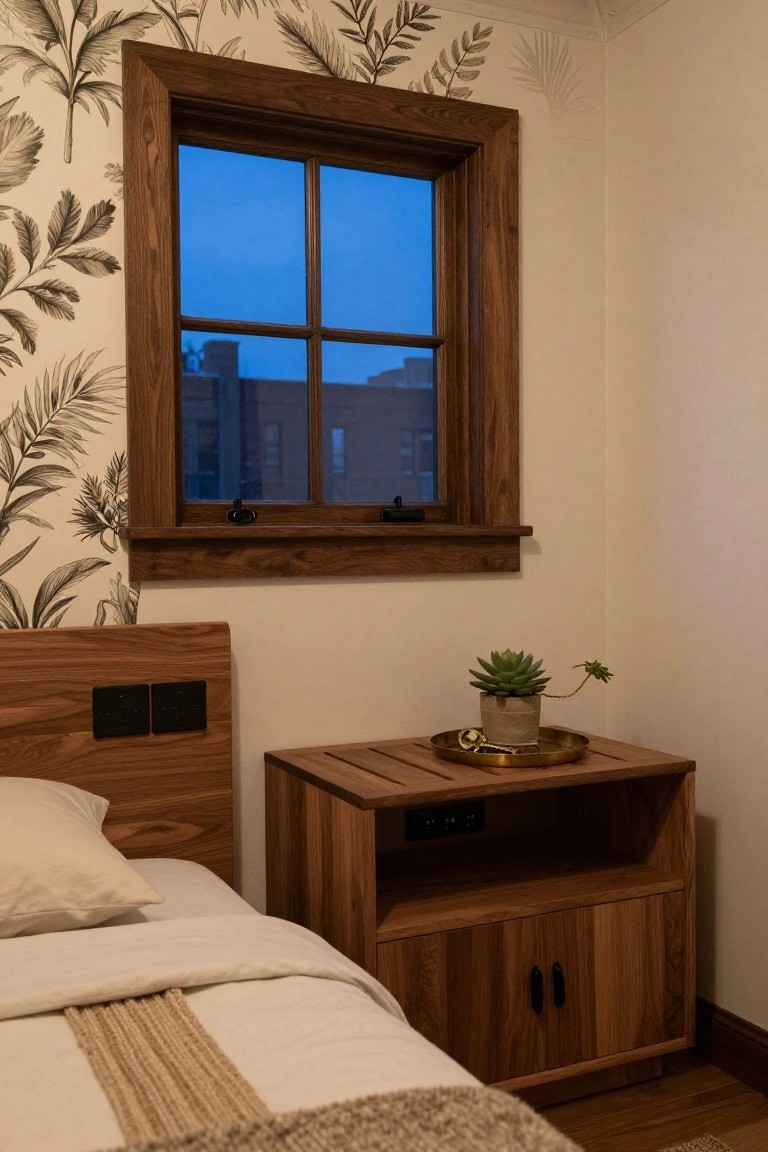 Corner view of a bedroom with a walnut wood headboard featuring black outlets, a matching slatted nightstand topped with a brass tray, gold key, and potted succulent, a white bed with beige linens, and a blue-lit window framed by leaf-patterned wallpaper.