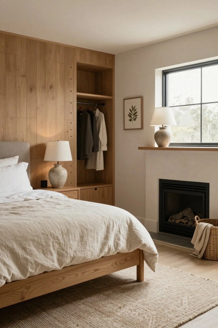 Bedroom interior with vertical light wood paneling on one wall forming built-in open wardrobe, shelves, and nightstand, next to a low wood bed with white linens, two ceramic lamps, a small fireplace with logs, and a large window.