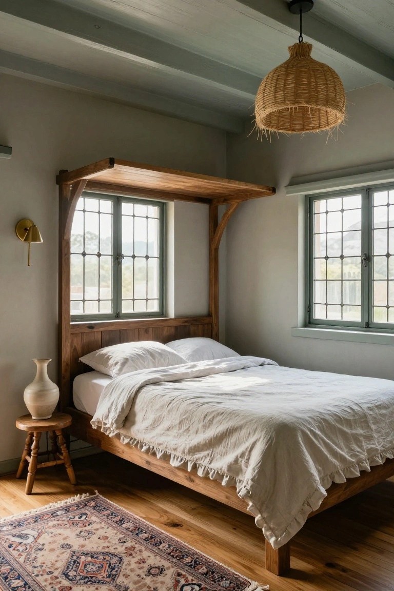 Bedroom interior with wooden bed frame extending into arched canopy over green-paned window, white linen bedding, rattan pendant light, ceramic vase on stool, and Persian rug on wood floor.