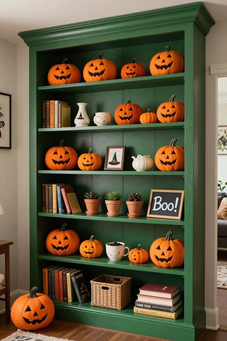 Green wooden bookshelf in a room decorated with numerous orange jack-o-lantern pumpkins of various sizes, books, potted plants, white ceramics, a basket, and a chalkboard sign reading 