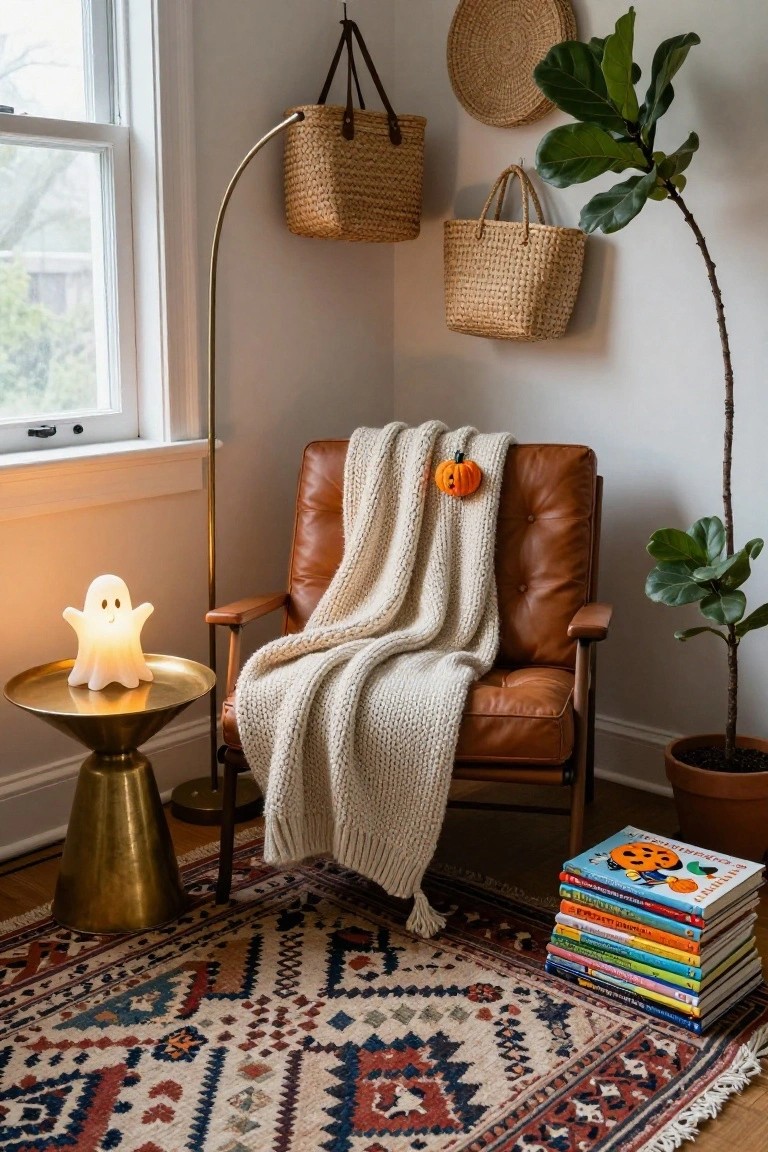 Corner of a light-walled room with tan leather armchair draped in white knit blanket and small orange pumpkin plush, glowing white ghost lamp on gold side table, hanging woven baskets, fiddle leaf fig plant in pot, stack of colorful children's books on patterned rug.
