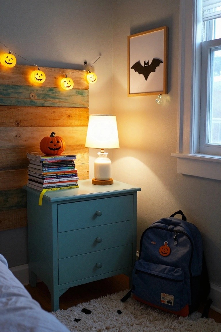 Corner of a light gray bedroom featuring a turquoise wood dresser with stacked children's books topped by a small carved pumpkin, a white lamp on a wood base, jack-o-lantern string lights on a wood plank wall, a blue backpack on the floor, and edge of a white bed with white rug.