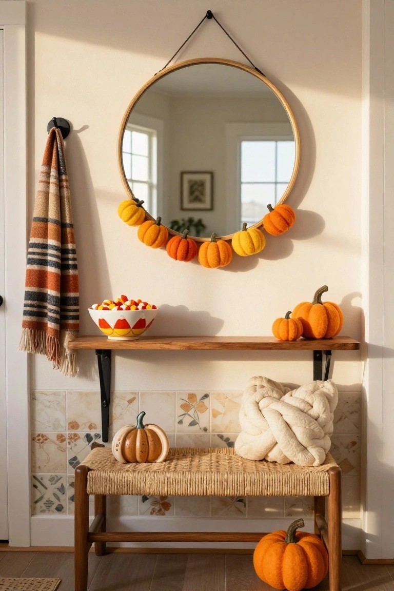 Entryway with round wood-framed mirror hung on wall and draped with garland of small plush pumpkins, wooden wall shelf holding white bowl of candy corn and two small plush pumpkins, towel hook with plaid towel, white knotted pillow on wood and rattan bench with ceramic pumpkin and large plush pumpkin nearby, tiled wall with fall decor.