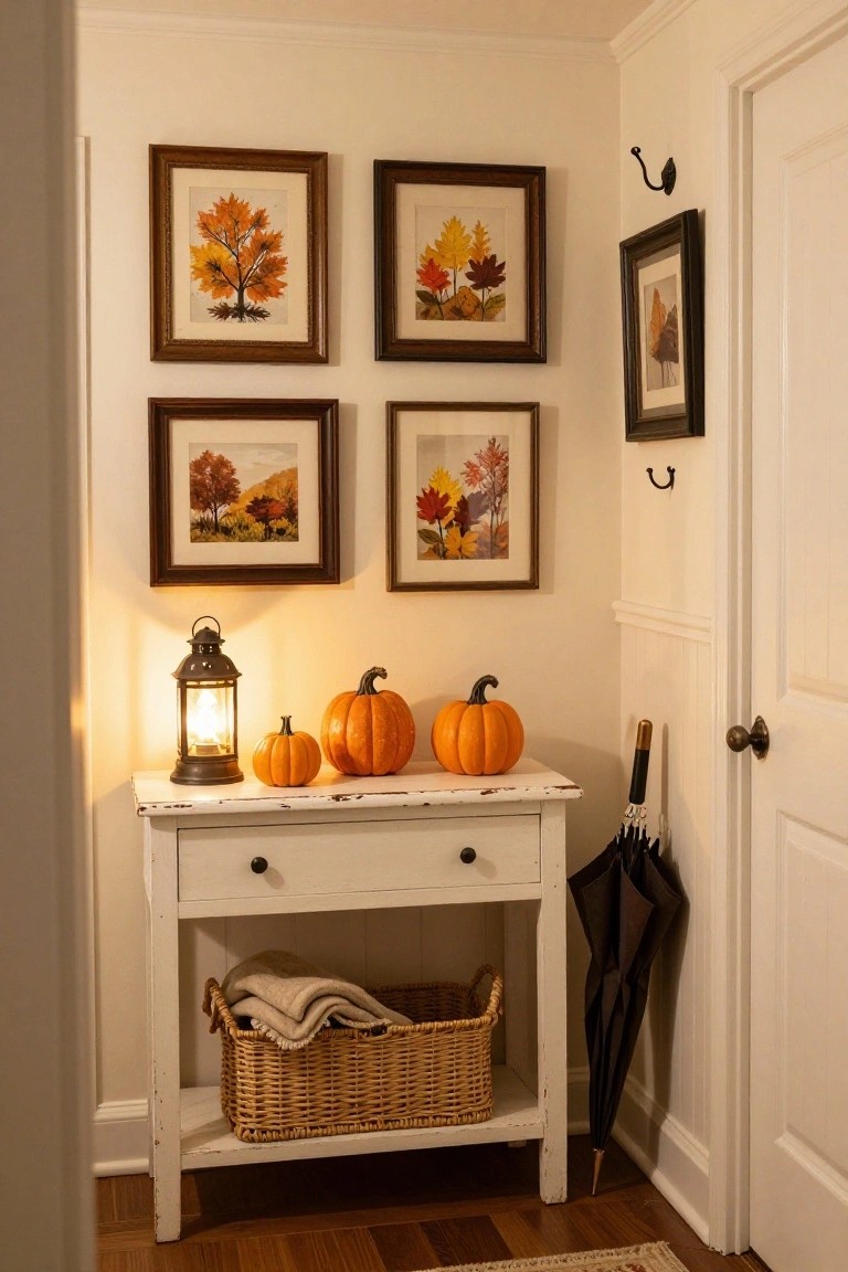 White distressed console table in a light-colored entryway corner displaying a lit metal lantern, three orange pumpkins, and a wicker basket with folded beige throw blanket, with autumn leaf artwork on walls, coat hook, umbrella stand, and closed white door nearby.