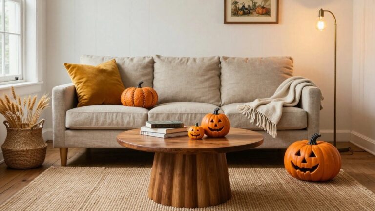 A round wooden coffee table holds several small orange jack-o-lantern pumpkins and stacked books in a white-paneled living room with a beige sofa topped by mustard pillows, a large plush pumpkin, woven throw, pampas grass in a basket, and a floor lamp beside a vintage painting of a pumpkin scene.