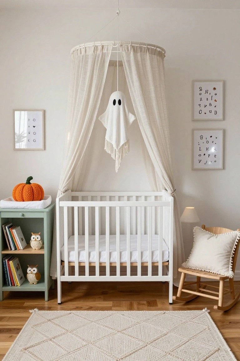 White wooden crib under a circular sheer canopy with a hanging white ghost and fringe, knit orange pumpkin on a green changing table with owl figures, rocking chair, and wall art in a light nursery room.