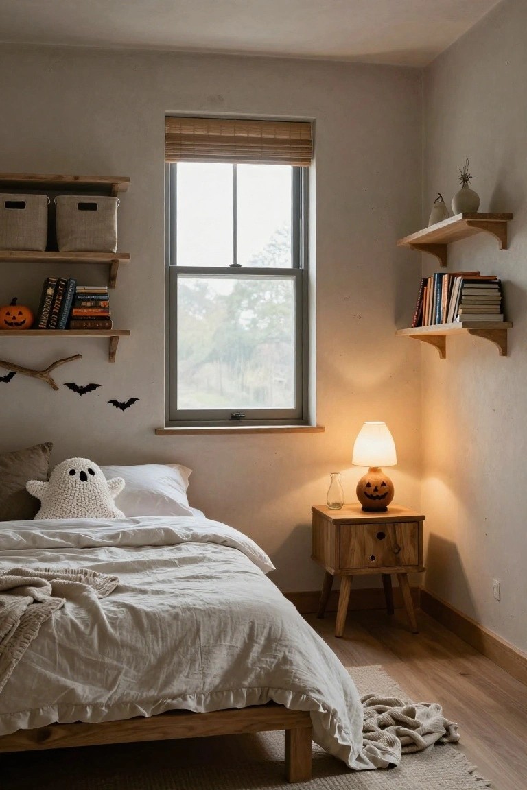 Cozy bedroom corner featuring a wooden bed with white linens and crocheted ghost pillow, wooden shelves holding books and small pumpkins, black bat stickers and twigs on beige walls, pumpkin lamp on wooden nightstand, and window with bamboo blinds.