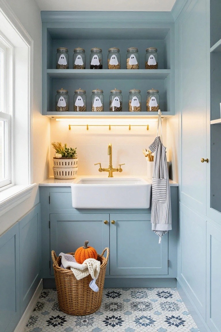 Small light blue laundry room with open upper shelves holding glass jars labeled with white ghost faces and filled with treats, under-shelf lighting, white farmhouse sink with gold faucet, hanging apron, potted plants, wicker laundry basket with pumpkin on blue and white patterned tile floor.