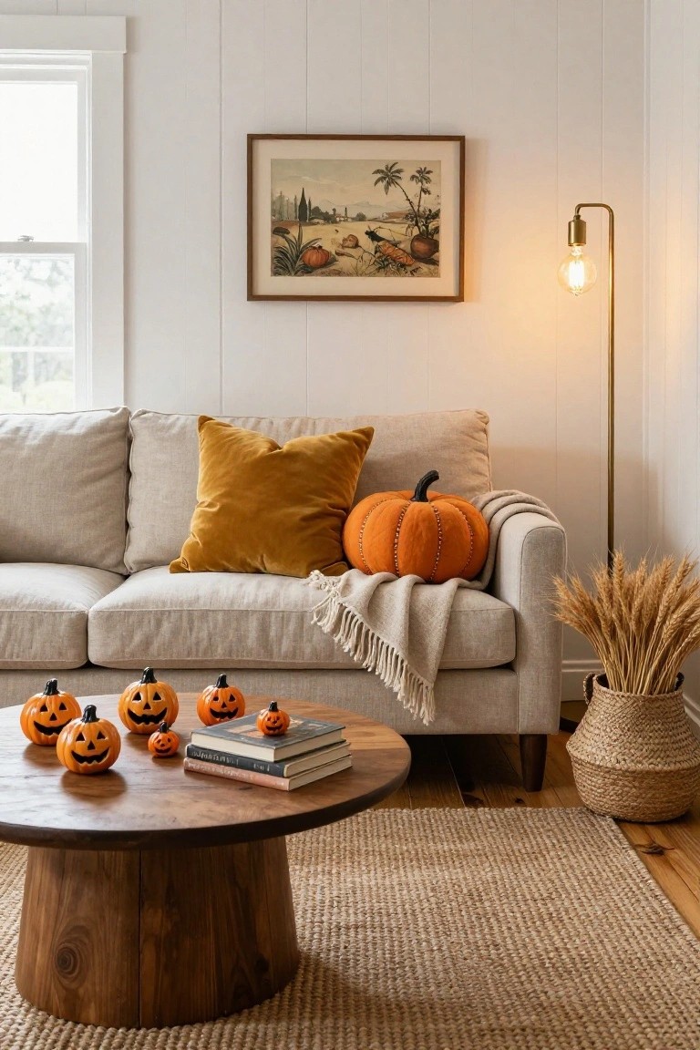 A round wooden coffee table holds several small orange jack-o-lantern pumpkins and stacked books in a white-paneled living room with a beige sofa topped by mustard pillows, a large plush pumpkin, woven throw, pampas grass in a basket, and a floor lamp beside a vintage painting of a pumpkin scene.