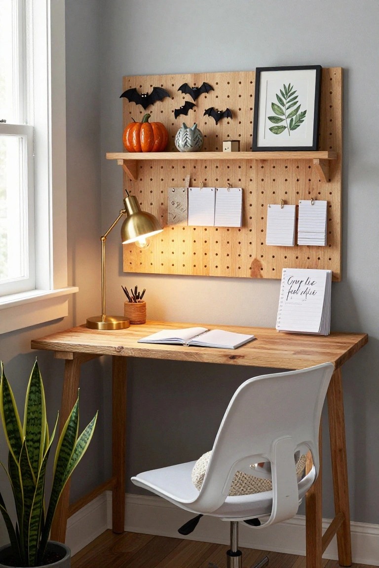 Wooden desk setup in a gray room with pegboard wall holding black bats, pumpkins, shelves, and notes, gold lamp lit, snake plant nearby, white chair.