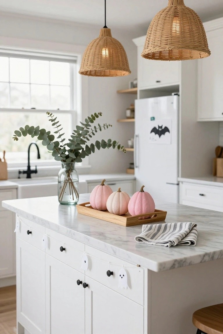 White kitchen island with marble countertop holding wooden tray of three pink pumpkins, vase of eucalyptus nearby, striped towel, ghost garlands on cabinet pulls, rattan pendant lights overhead, and bat decal on fridge.