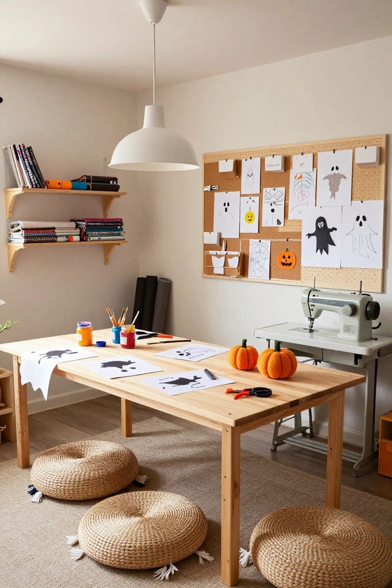 Light-filled room with wooden craft table holding Halloween paper cutouts of ghosts and cats, paint jars, scissors, small plush pumpkins, rattan floor cushions nearby, bookshelves, sewing machine, and corkboard displaying children's ghost drawings.