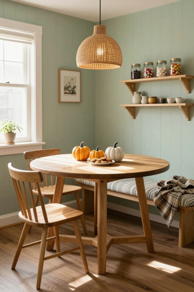 Sage green paneled kitchen nook with round wooden dining table holding orange pumpkins, white pumpkin, and plate of cookies, flanked by wooden chairs and bench, rattan pendant light overhead, shelves with jars, and potted plant by window.