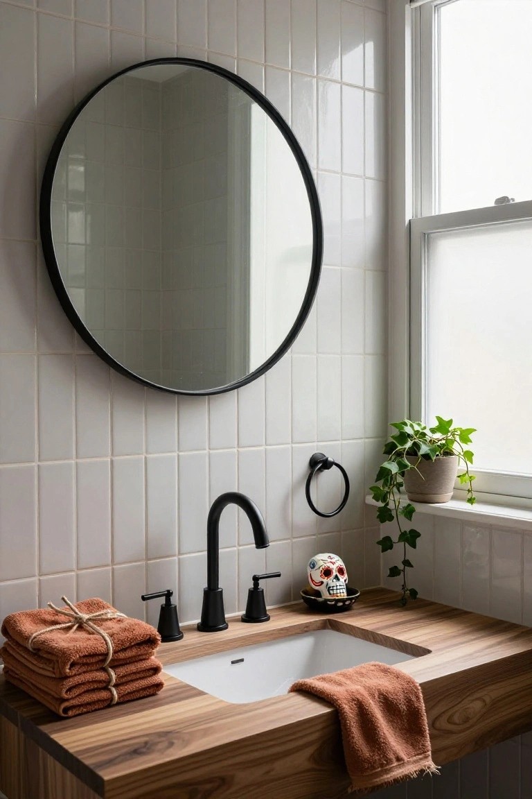 Modern bathroom vanity made of wood with white undermount sink, black faucet, stack of tied orange towels, colorful sugar skull on black saucer, round black-framed mirror on white subway tile wall, towel ring, and potted ivy plant by window.