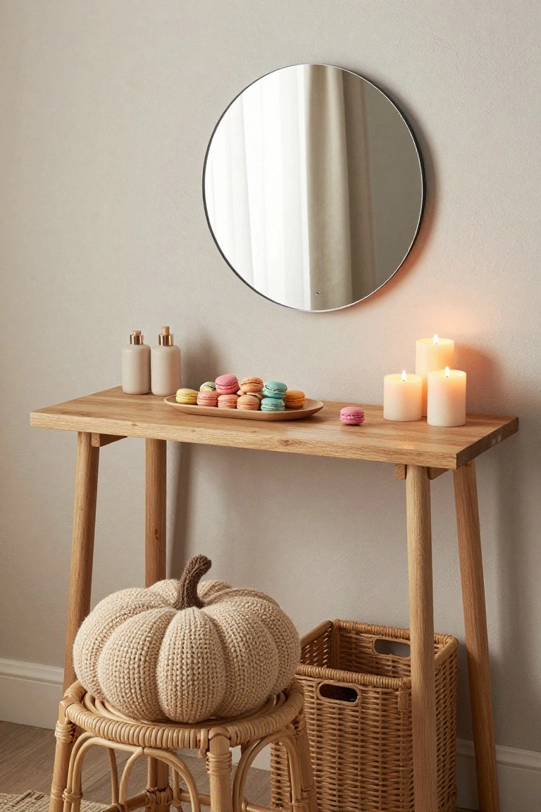 Light beige room with wooden console table under round black-framed mirror, holding beige lotion bottles, plate of colorful macarons, white pillar candles, knit white pumpkin on rattan stool nearby, and wicker basket.