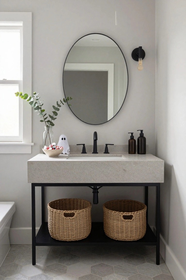 Modern powder room with gray walls, black metal vanity on concrete countertop and base, round black mirror, black faucet, plush white ghost toy, bowl of red and white candies, eucalyptus in glass vase, amber soap dispensers, woven baskets underneath, white toilet, and gray hexagonal floor tiles.