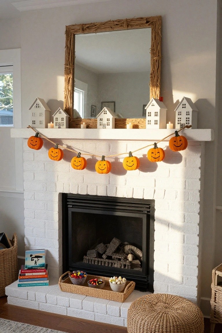 White brick fireplace mantel decorated with small white houses, candles, woven trays holding colorful candies, stacked books, and a garland of smiling orange felt pumpkins hanging from twine, with a driftwood-framed mirror above and wicker baskets on the floor.
