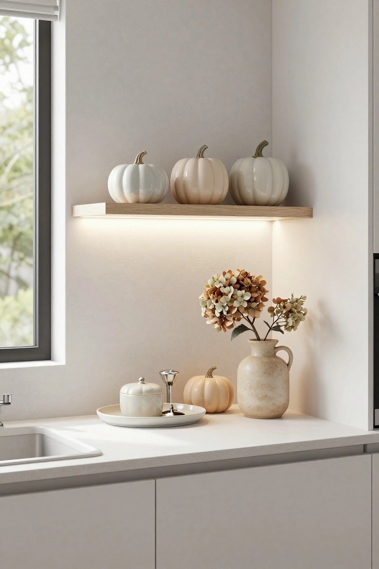 Corner of a modern white kitchen with three pale white pumpkins on a wooden shelf with underlighting, dried hydrangeas in a terracotta vase on the quartz countertop near the sink, small pumpkins and a dish also on the counter.