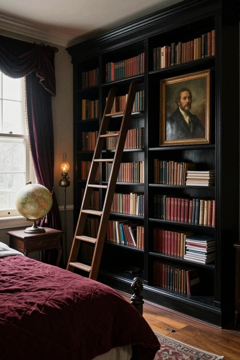 A bedroom with tall black floor-to-ceiling bookshelves filled with books, a wooden library ladder positioned on the shelves, a framed portrait painting integrated into the shelving, a globe on a side table near a window with burgundy drapes, and a burgundy bed in the foreground.