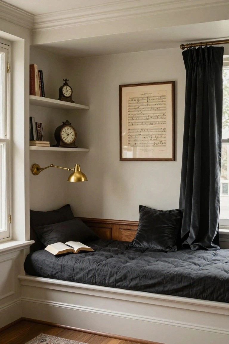 Corner bedroom alcove with built-in black quilted daybed, black velvet pillows, open book with pen, lower shelves with books, upper shelves with two brass clocks, gold adjustable wall lamp, framed sheet music artwork, wood paneling, and black velvet curtains at window.