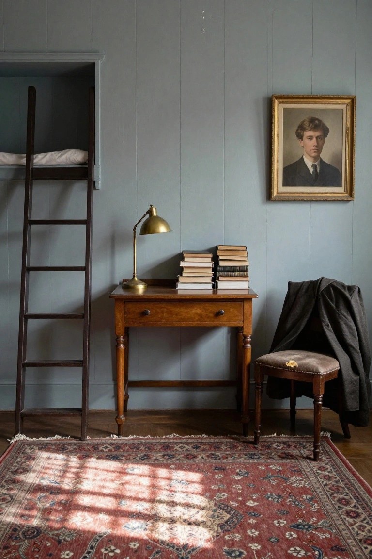 Light blue wood-paneled bedroom interior with wall-mounted bunk bed and freestanding wooden ladder, adjacent wooden desk topped with stacked books and brass lamp, gold-framed portrait of young man in suit on wall, draped dark coat over stool, and red Persian rug on wood floor.