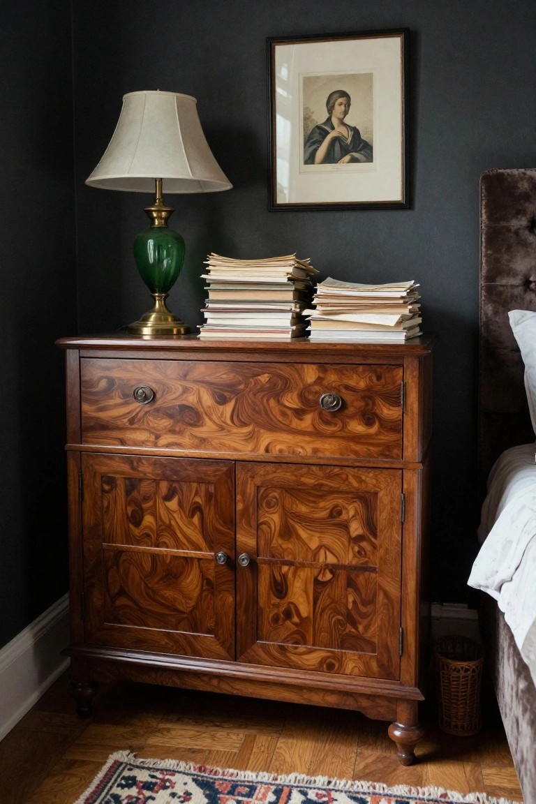 Corner of a bedroom with a burled wood dresser topped by stacks of books and a green glass lamp on brass base, positioned beside a tufted bed headboard against dark walls, wood floor, and Persian rug.