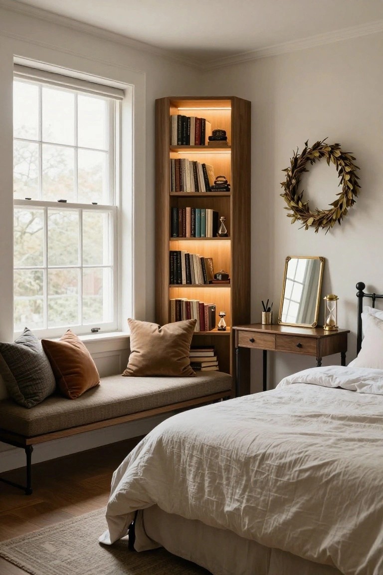 Bedroom corner with tall wooden bookcase featuring backlit shelves holding books, adjacent cushioned window bench with pillows, wooden vanity table with mirror and hourglass, and bed in background.